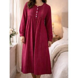LL Bean Womens Dobby Pintuck Flannel Nightgown Sz M Red Prairie Grandmacore Boho